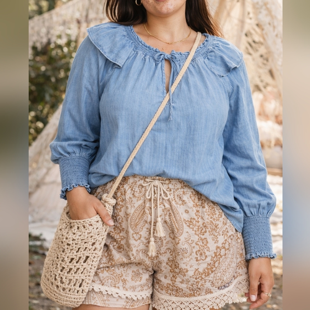 2X Light Blue Chambray Peasant Blouse | Women’s 100% Cotton | Old Navy